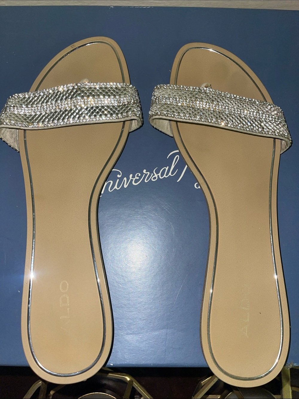 ALDO Silver Jeweled Slide Sandals with Tan Footbed
